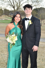 Green Satin Fitted Halter Backless Floor-Length Party Prom Dress
