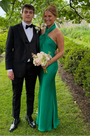 Green Satin Fitted Halter Backless Floor-Length Party Prom Dress