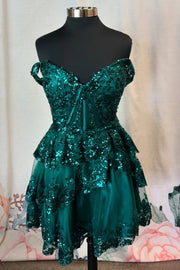 Green Sweetheart Off-Shoulder Lace A-Line Tiered Homecoming Dress 
