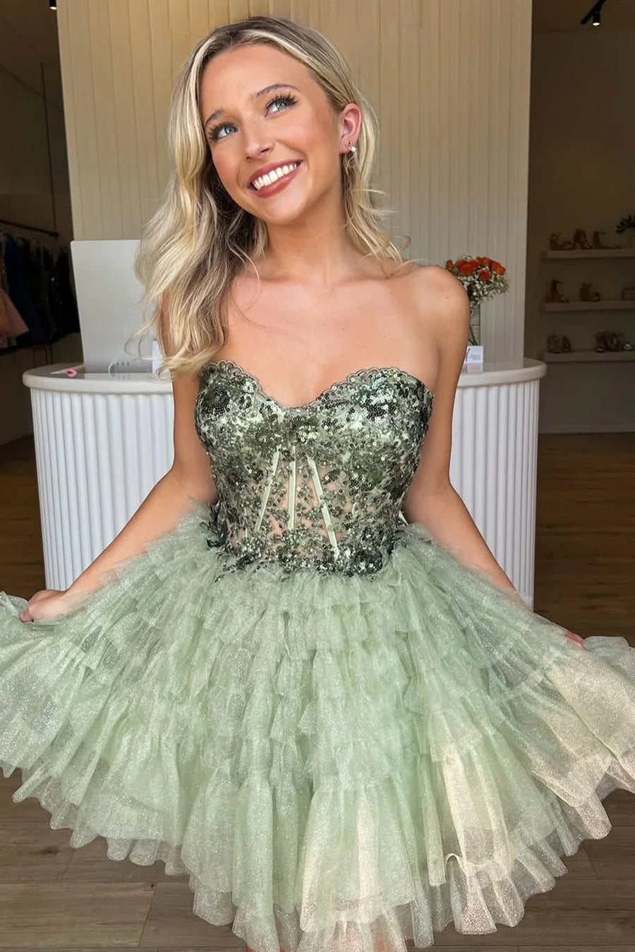 Green Sweetheart Strapless A-Line Empire Ruffle Homecoming Dress | Joyofdress Green Sweetheart Strapless A-Line Empire Ruffle Homecoming Dress | Joyofdress