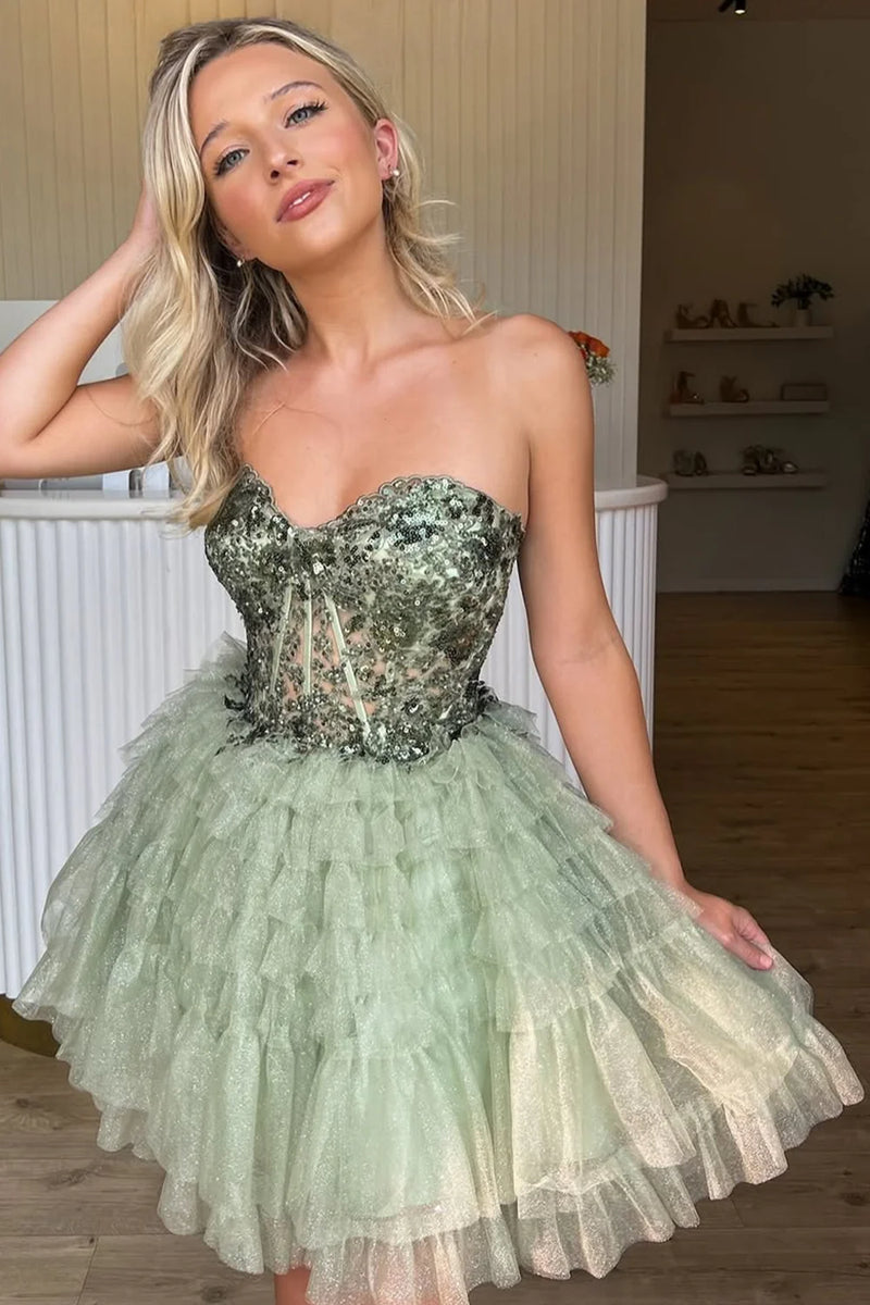 Green Sweetheart Strapless A-Line Empire Ruffle Homecoming Dress | Joyofdress Green Sweetheart Strapless A-Line Empire Ruffle Homecoming Dress | Joyofdress