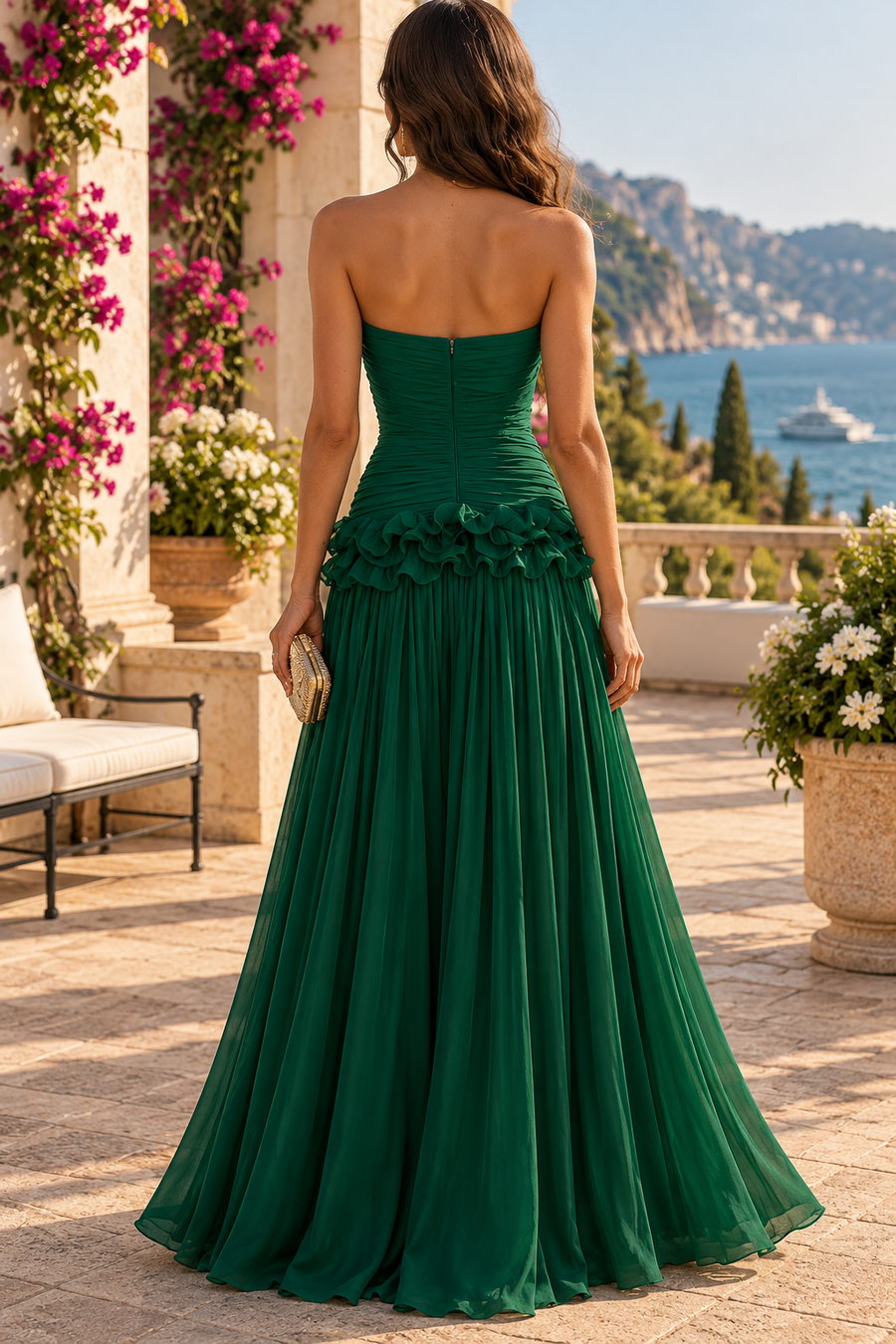 Green Sweetheart Strapless Chiffon Pleated Floral Appliques Party Prom Dress