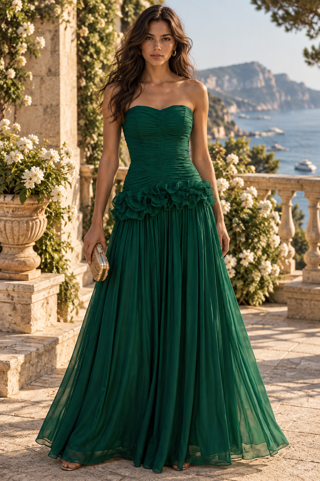 Green Sweetheart Strapless Chiffon Pleated Floral Appliques Party Prom Dress