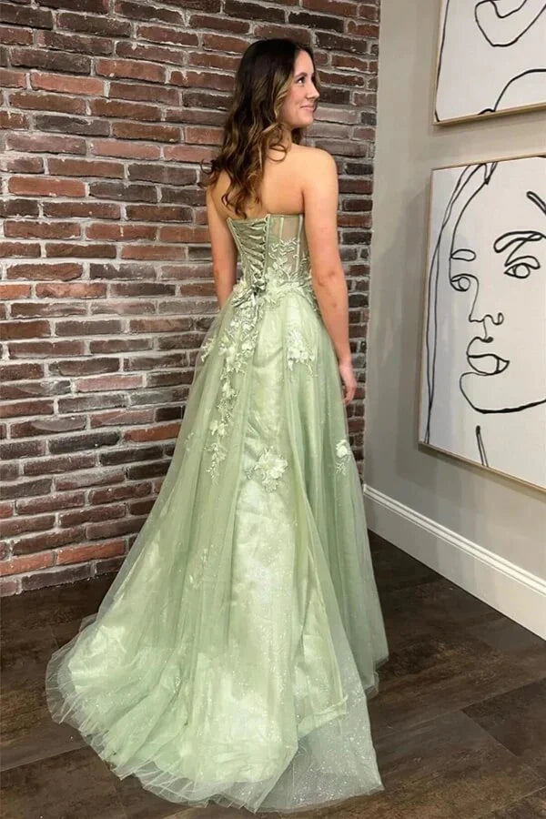 Green Tulle A-Line Sweetheart Appliques Party Prom Dress