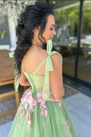 Green Tulle A-Line Sweetheart Floral Party Prom Dress