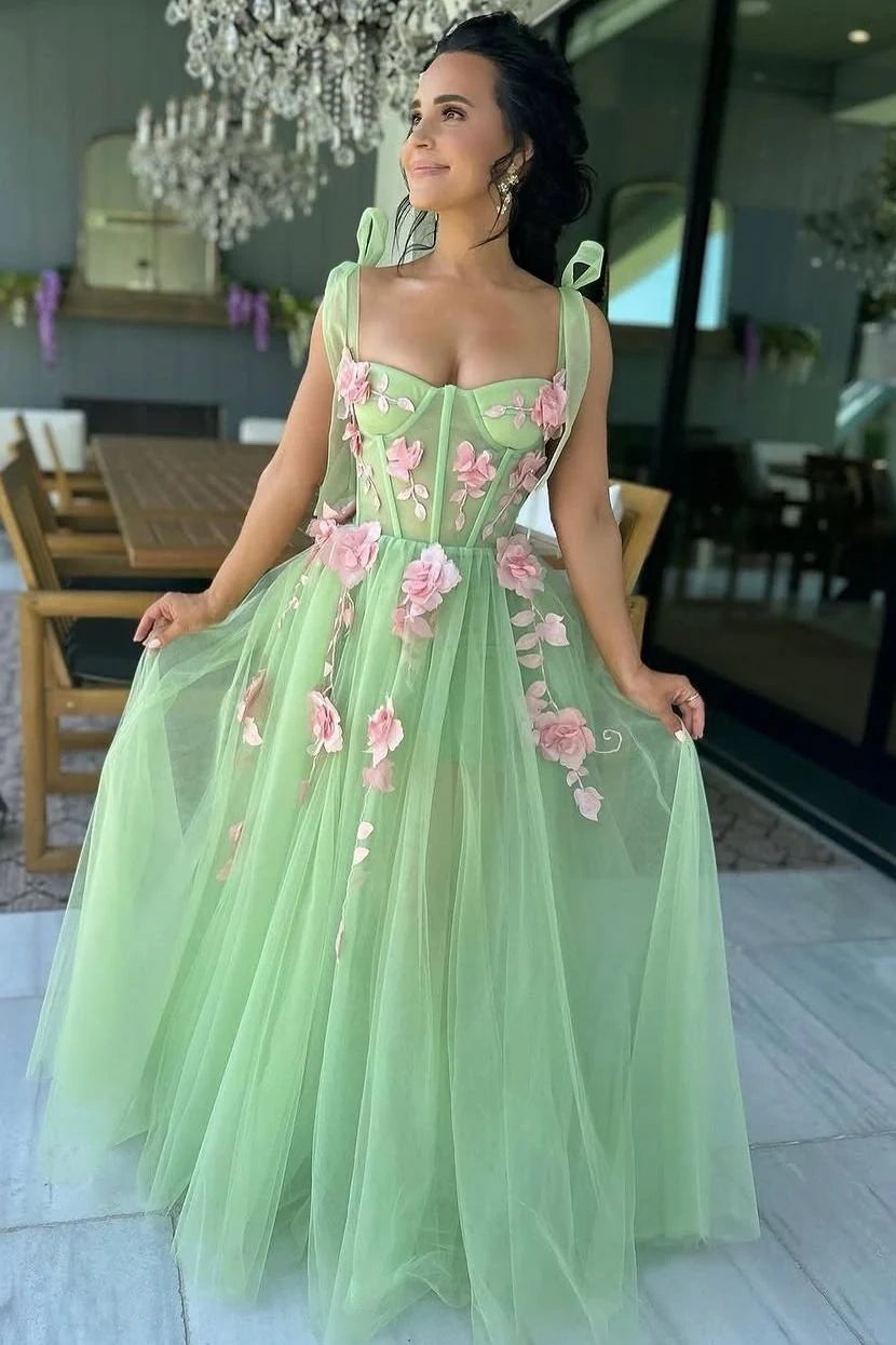 Green Tulle A-Line Sweetheart Floral Party Prom Dress