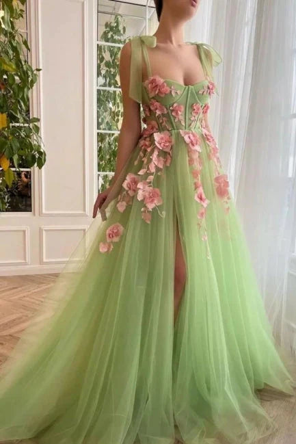 Green Tulle A-Line Sweetheart Sheer Floral Prom Dress