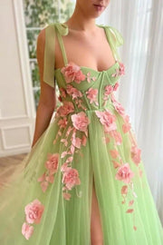 Green Tulle A-Line Sweetheart Sheer Floral Prom Dress