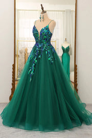 Green Tulle A-line V-Neck Sleeveless Appliques Prom Dress