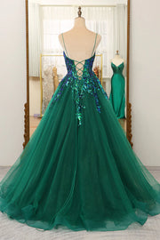 Green Tulle A-line V-Neck Sleeveless Appliques Prom Dress