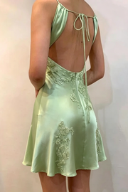 Green V-Neck Backless Lace Appliques Satin A-Line Homecoming Dress