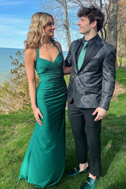 Green V-Neck Halter Empire Ruched Party Prom Dress