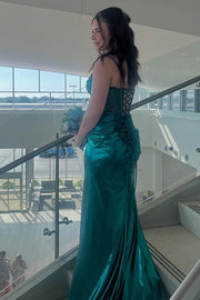 Green V-Neck Sleeveless Beaded Mermaid Split Party Prom Dress