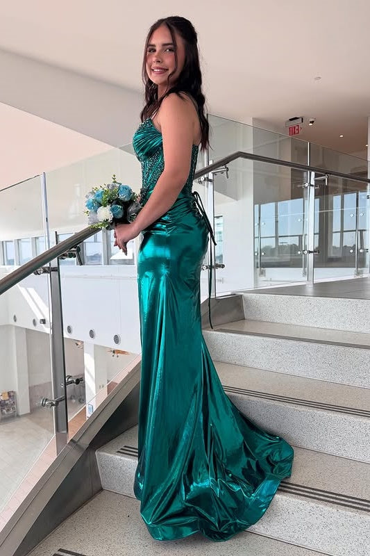 Green V-Neck Sleeveless Beaded Mermaid Split Party Prom Dress