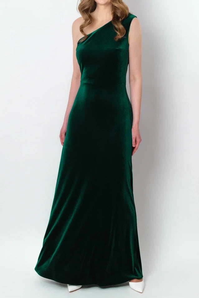 Green Velvet One Shoulder Sleeveless Long Dress