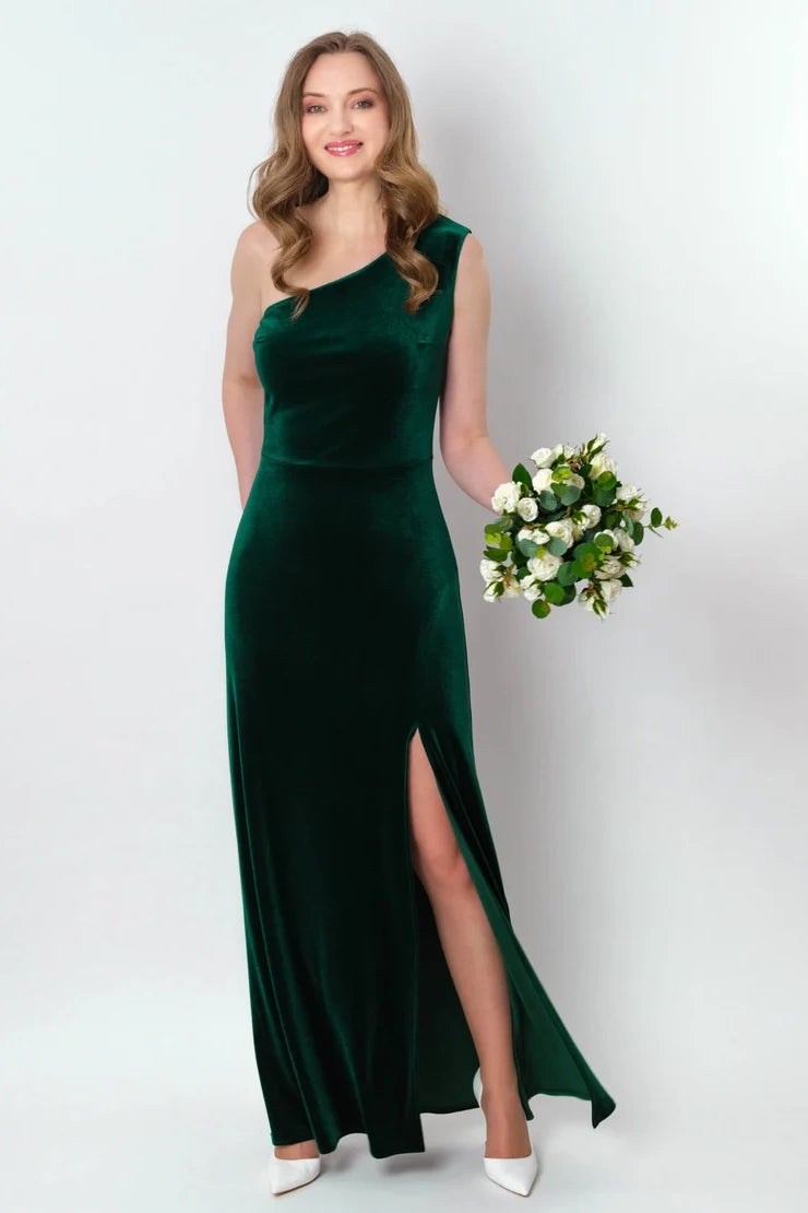 Green Velvet One Shoulder Sleeveless Long Dress