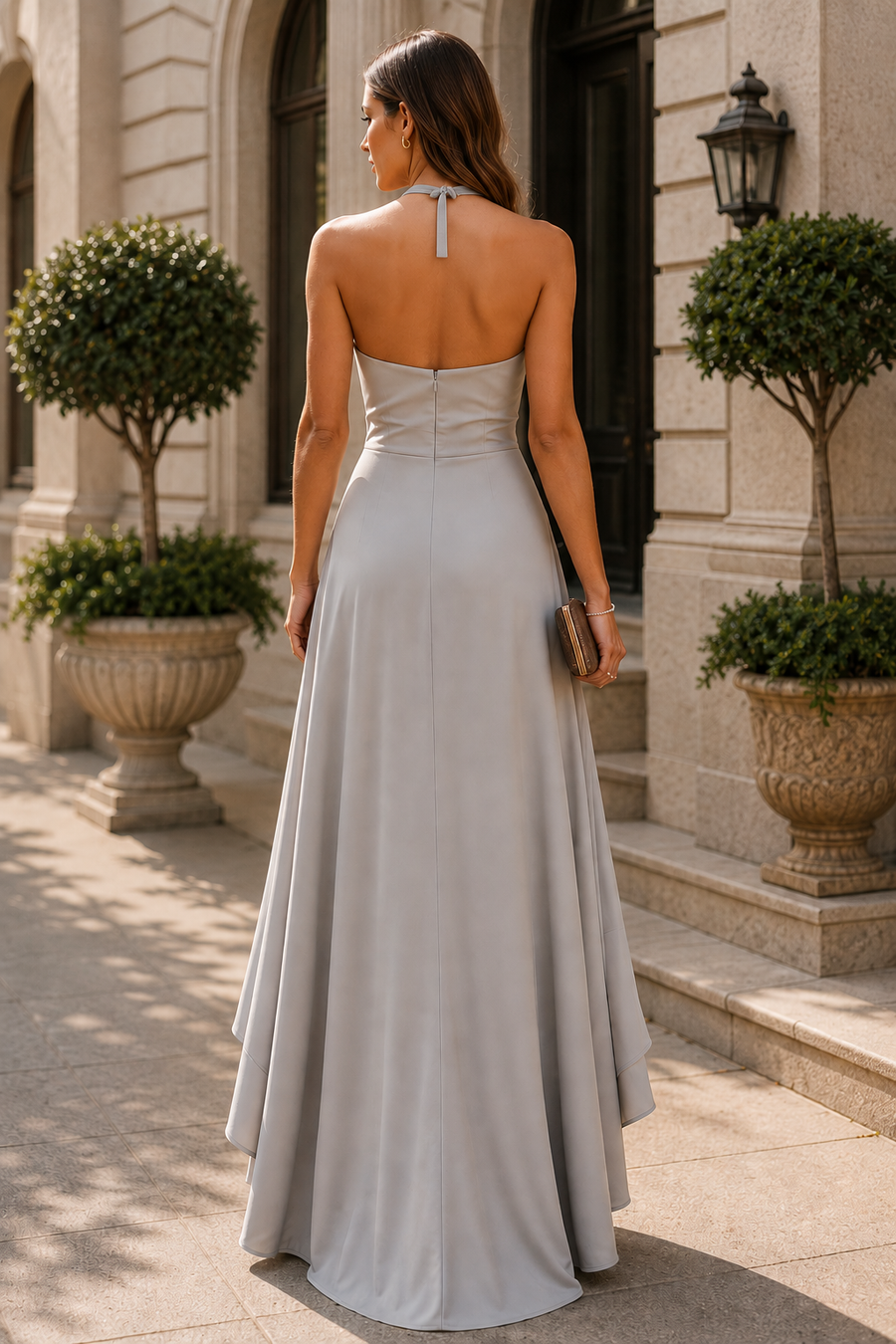Halter Backless A-Line Satin Ruffle Split Mother Of The Bride Dress