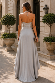 Halter Backless A-Line Satin Ruffle Split Mother Of The Bride Dress