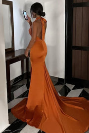 Halter Backless Mermaid Party Prom Dress With Train