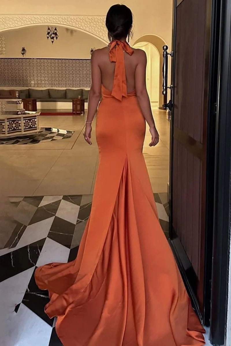 Halter Backless Mermaid Party Prom Dress With Train