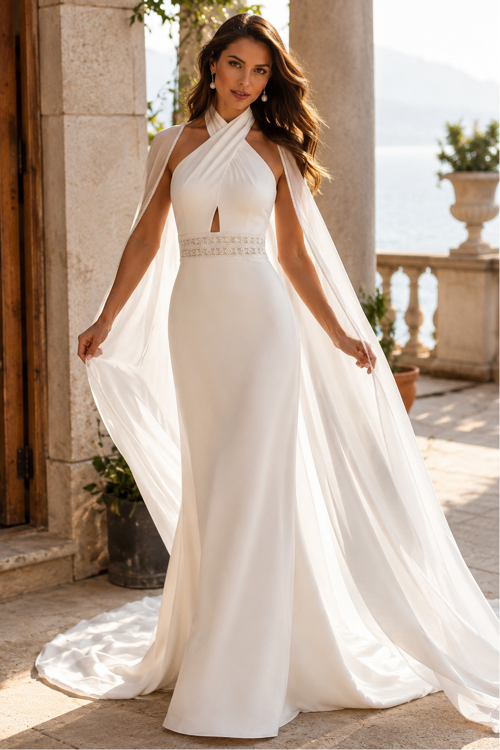 Halter Backless Satin Mermaid Beaded Empire Casual Wedding Dress