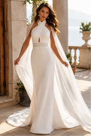 Halter Backless Satin Mermaid Beaded Empire Casual Wedding Dress