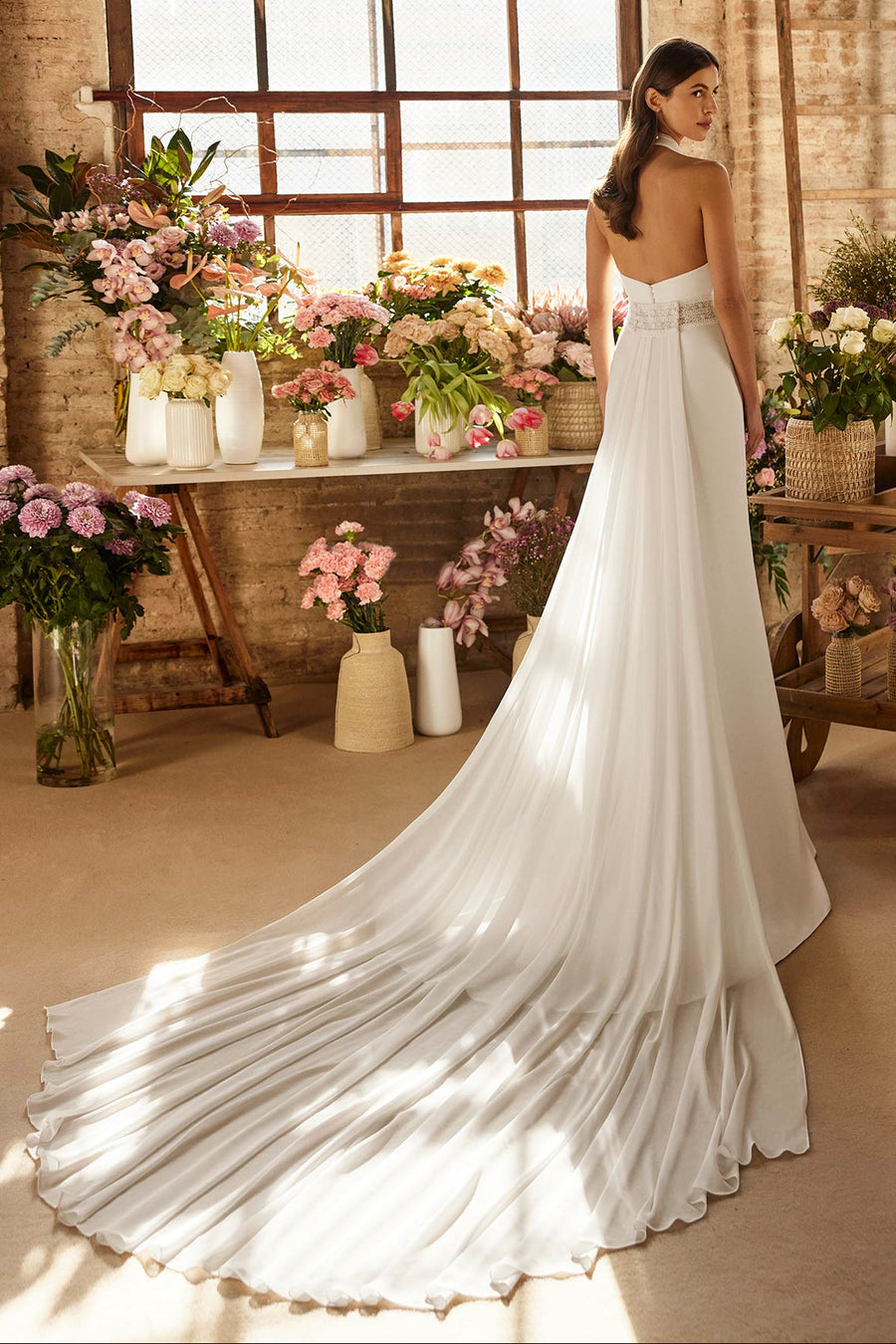 Halter Backless Satin Mermaid Beaded Empire Casual Wedding Dress