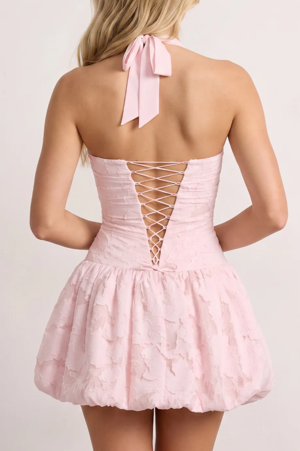 Halter Lace-Up Floral Satin A-Line Empire Mini Party Homecoming Dress