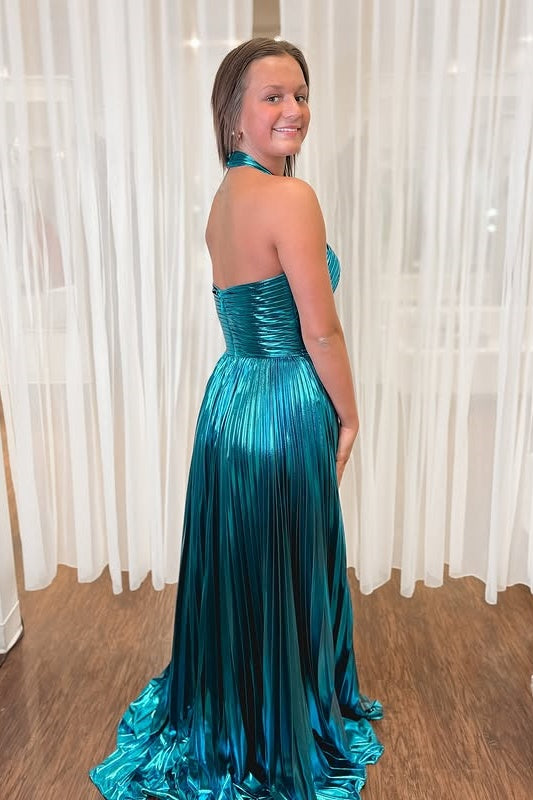 Halter Satin A-Line Backless Pleated Party Prom Dress With Slit