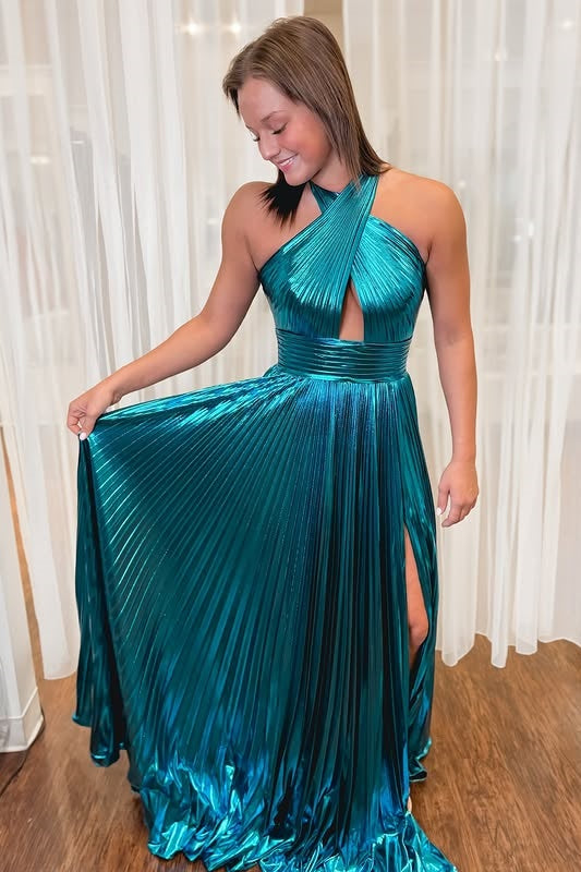 Halter Satin A-Line Backless Pleated Party Prom Dress With Slit