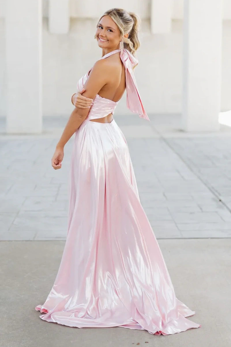 Halter Sleeveless A-Line Satin Empire Satin Party Prom Dress