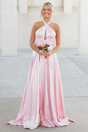 Halter Sleeveless A-Line Satin Empire Satin Party Prom Dress