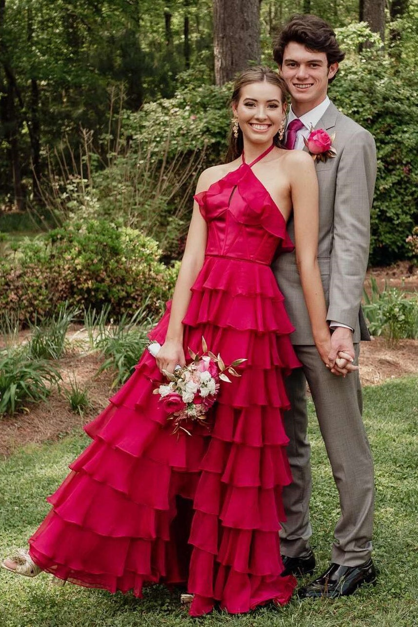 Halter Sleeveless A-Line Tiered Ruffled Party Prom Dress