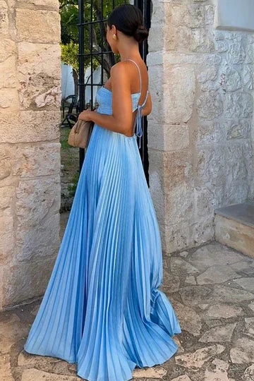 Halter Sleeveless Pleated Satin A-Line Party Prom Dress