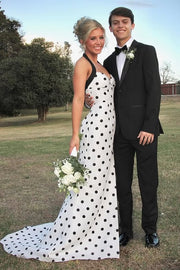 Halter Sleeveless Satin Mermaid Formal Party Prom Dress With Train 