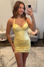 Halter Sleeveless Tight Satin Pleated Mini Homecoming Dress
