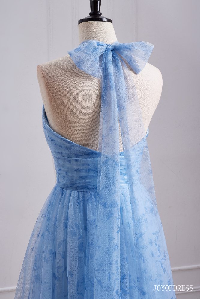 Halter Blue A-Line Long Bridesmaid Dress with Floral Close Shot Back Side