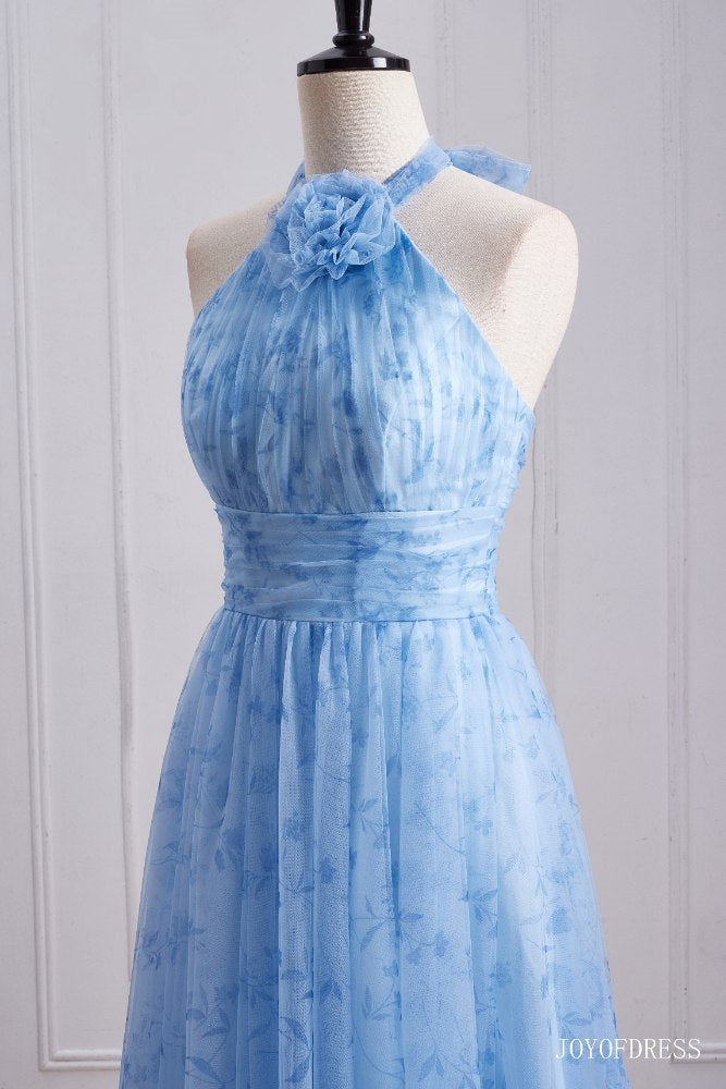 Halter Blue A-Line Long Bridesmaid Dress with Floral Close Shot Right Facing
