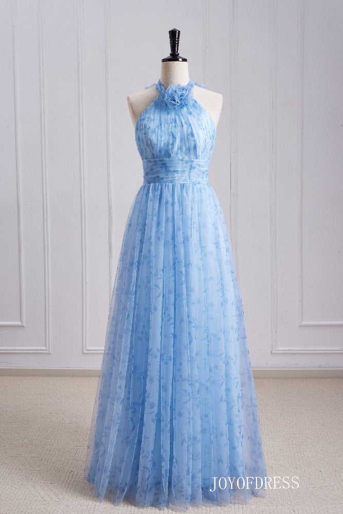 Halter Blue A-Line Long Bridesmaid Dress with Floral Blue / Custom Size Halter Blue A-Line Long Bridesmaid Dress with Floral Blue / Custom Size