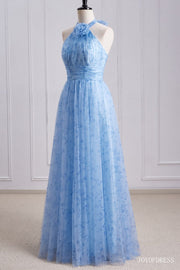 Halter Blue A-Line Long Bridesmaid Dress with Floral Full Shot Right Facing