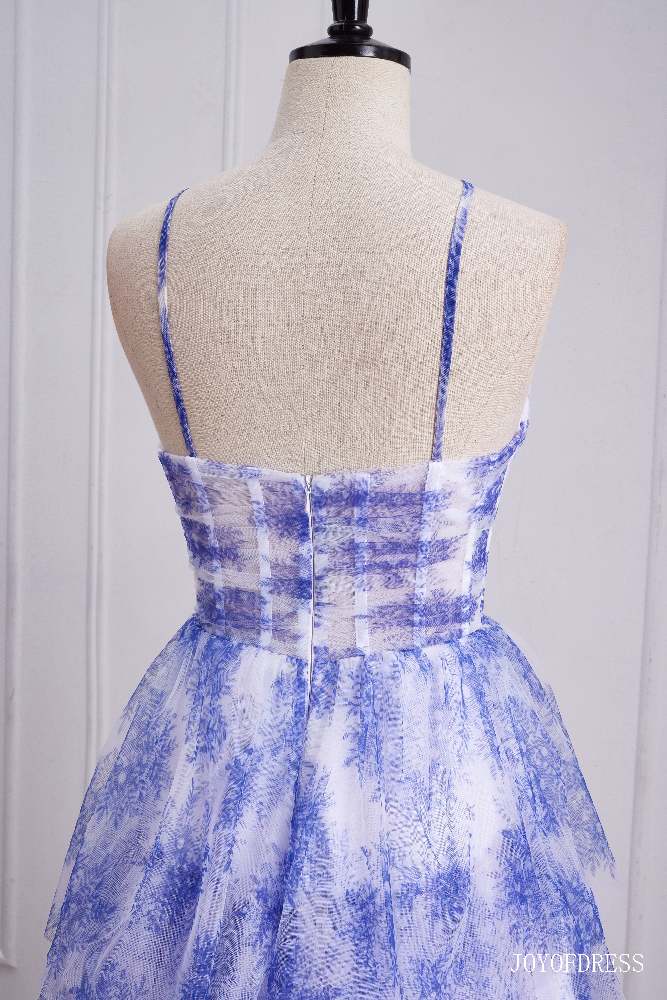 Halter Blue Floral Print Ruffle A-Line Prom Dress Close Shot Back Side