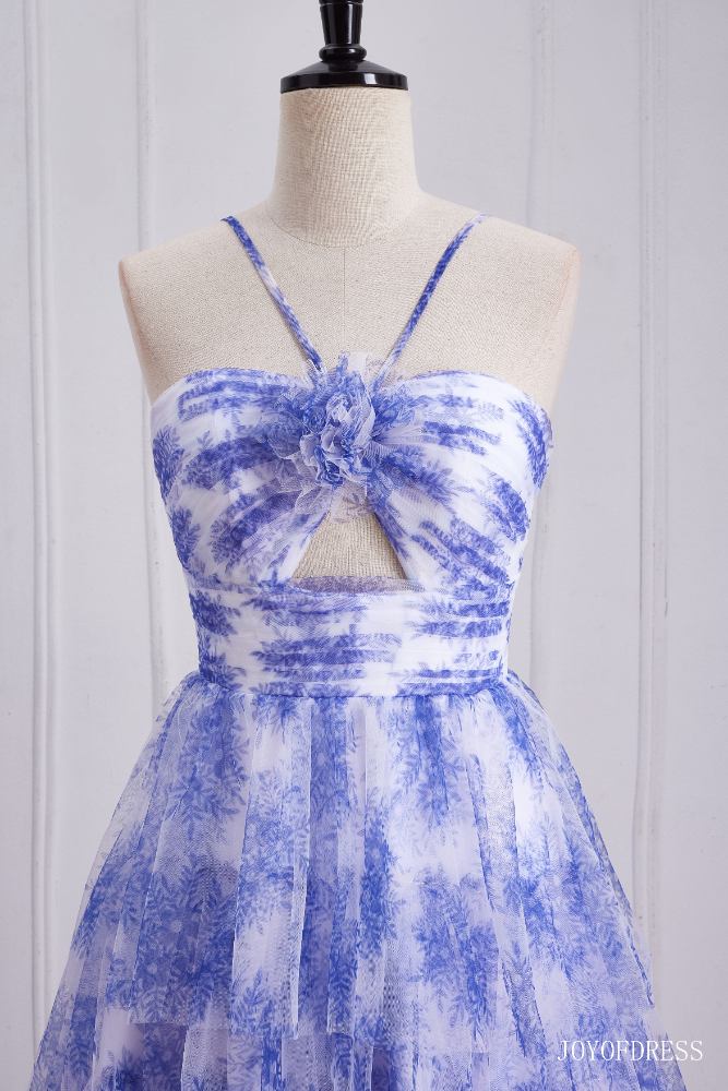 Halter Blue Floral Print Ruffle A-Line Prom Dress Photo Color / US 12 Halter Blue Floral Print Ruffle A-Line Prom Dress Photo Color / US 12