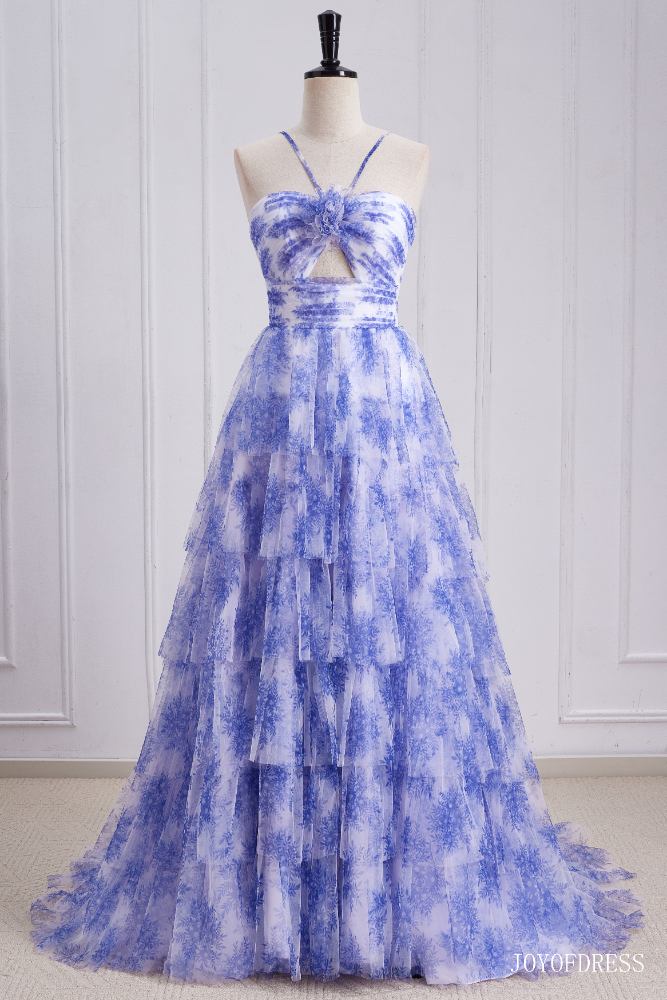 Halter Blue Floral Print Ruffle A-Line Prom Dress | Joyofdress Halter Blue Floral Print Ruffle A-Line Prom Dress | Joyofdress