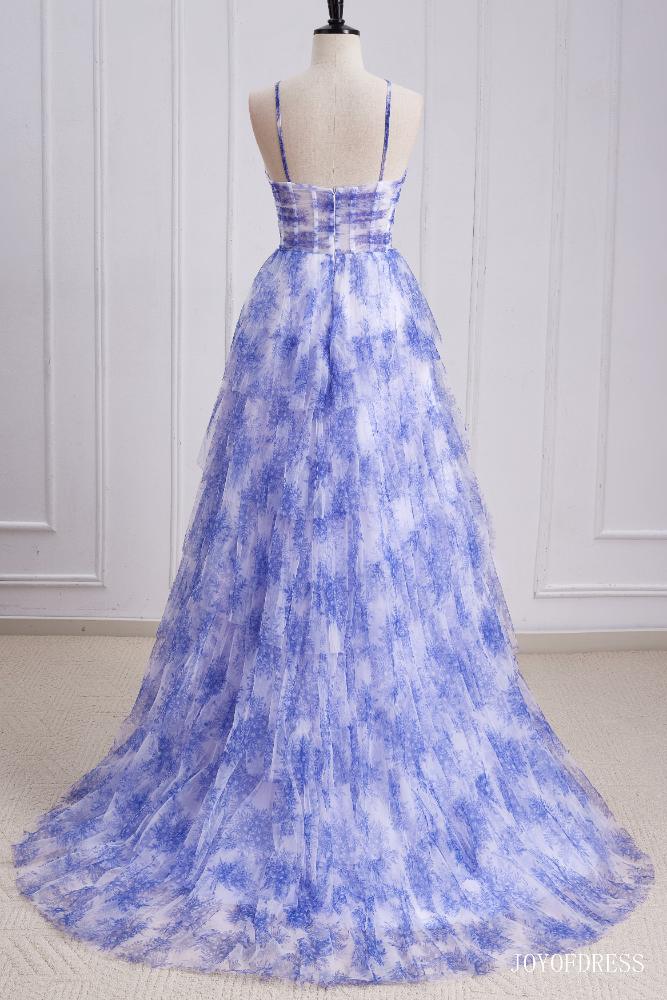 Halter Blue Floral Print Ruffle A-Line Prom Dress Full Shot Back Side