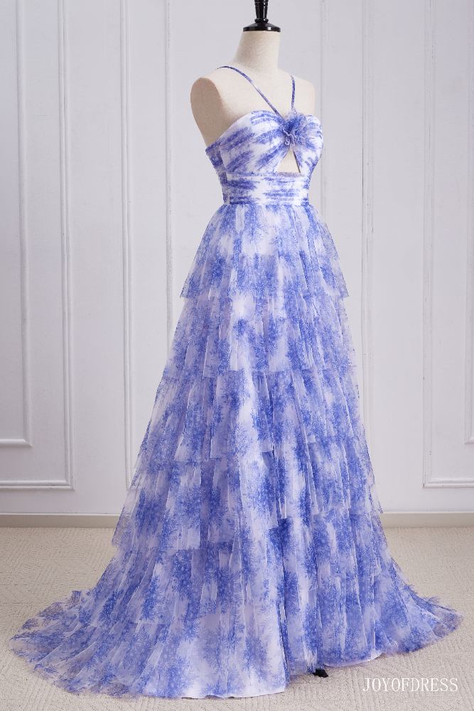Halter Blue Floral Print Ruffle A-Line Prom Dress Full Shot Left Facing