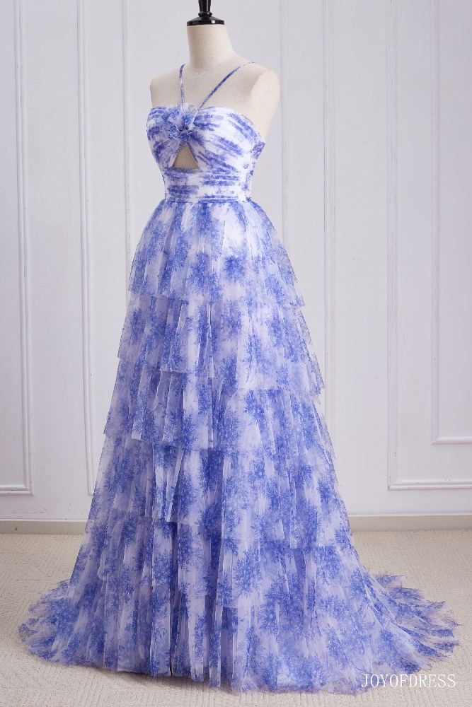 Halter Blue Floral Print Ruffle A-Line Prom Dress Full Shot Right Facing