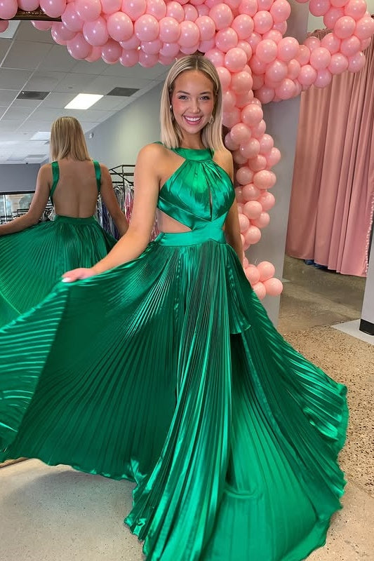 High Neck Backless Satin A-Line Empire Party Prom Dress