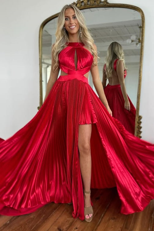 High Neck Backless Satin A-Line Empire Party Prom Dress