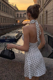 High Neck Backless Satin A-Line Mini Polka Dots Homecoming Dress