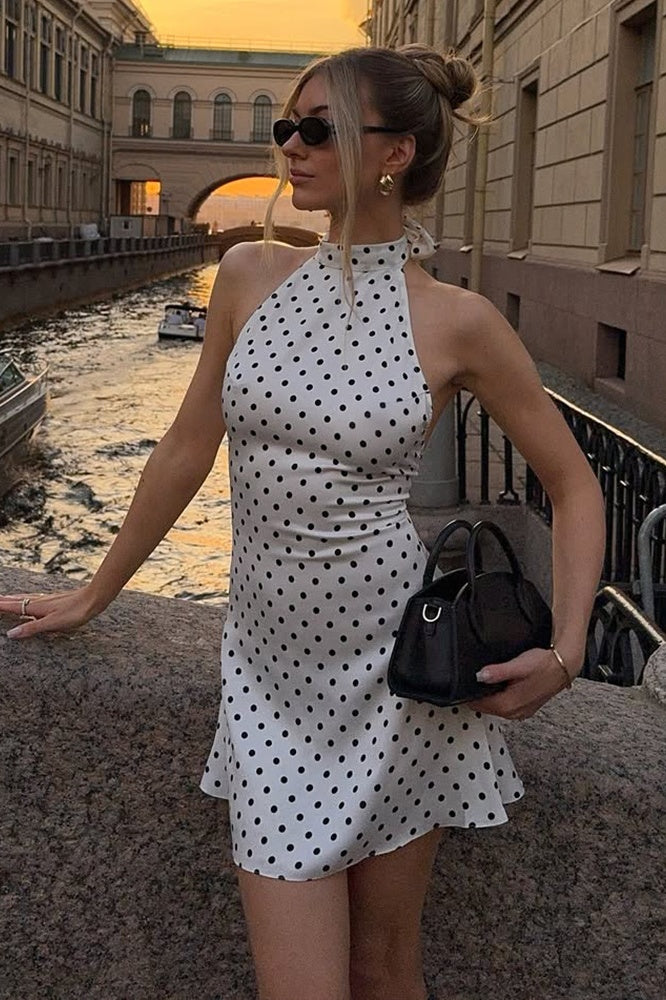 High Neck Backless Satin A-Line Mini Polka Dots Homecoming Dress